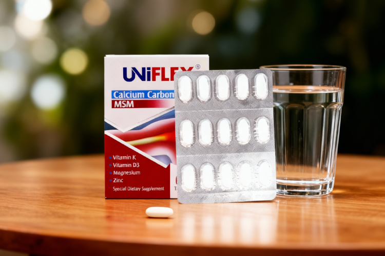 قرص یونی فلکس کنار لیوان آب برای مصرف روزانه